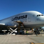 On the ramp touring the new aircraft A 380 Airbus